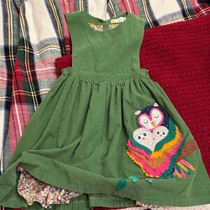 Mini Boden Green Corduroy Dress with Colorful Owl Design
